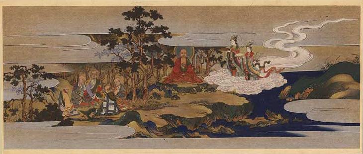 Original Japanese Woodblock Print from late 1800's depicting Buddha seated in meditation - Click for detail closeup