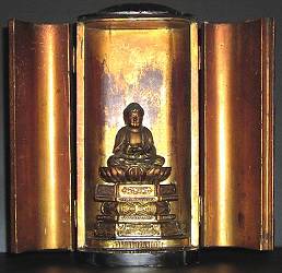 Ancient Japanese gilt Wood Carved Buddha in travel shrine or Zushi - Edo Period (18th C)