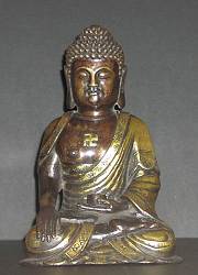 Chinese Bronze Buddha on lotus throne with beautiful gilt cape (6 in. tall)