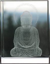 Laser cut Buddha inside 4 inch block of solid lead crystal using state of the art Russian computerized technologies