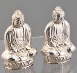 Vintage sterling silver salt and pepper shakers - finely detailed buddha images (2 in. tall)
